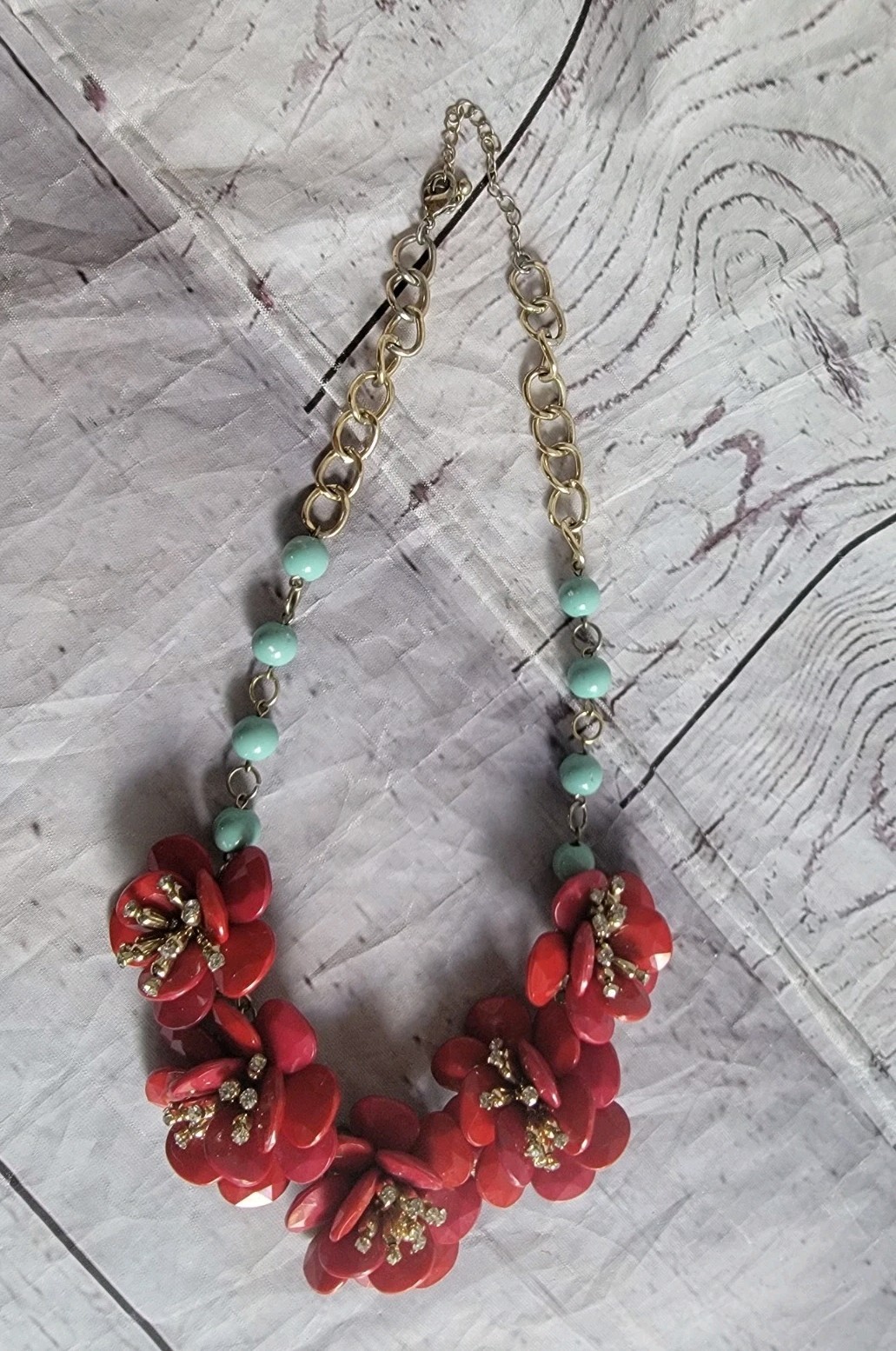 Silver Tone Red Resin Camelia Flower Anthropologie Statement Necklace 19in