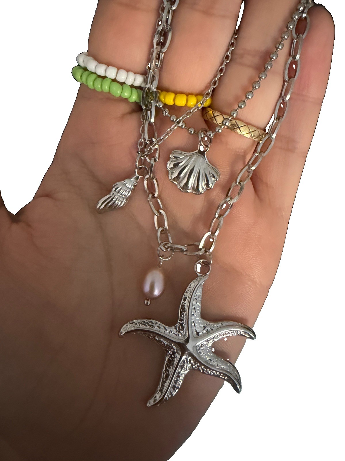 3 Layer Starfish Shell Pendant Necklace Stainless Steel Beach Ocean Silver