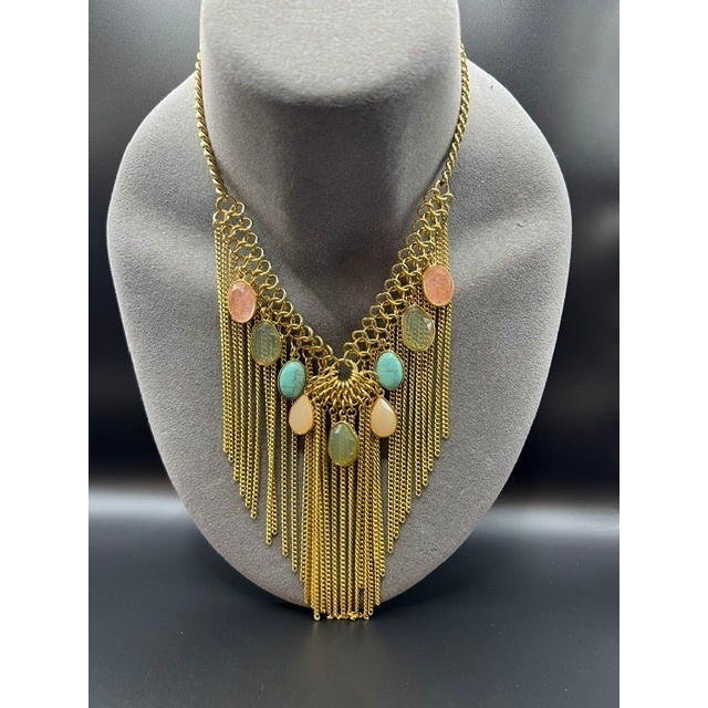 VTG CAROLEE Signed Chunky Gold Tone Chain Tassel Bib Southwestern Bohemian