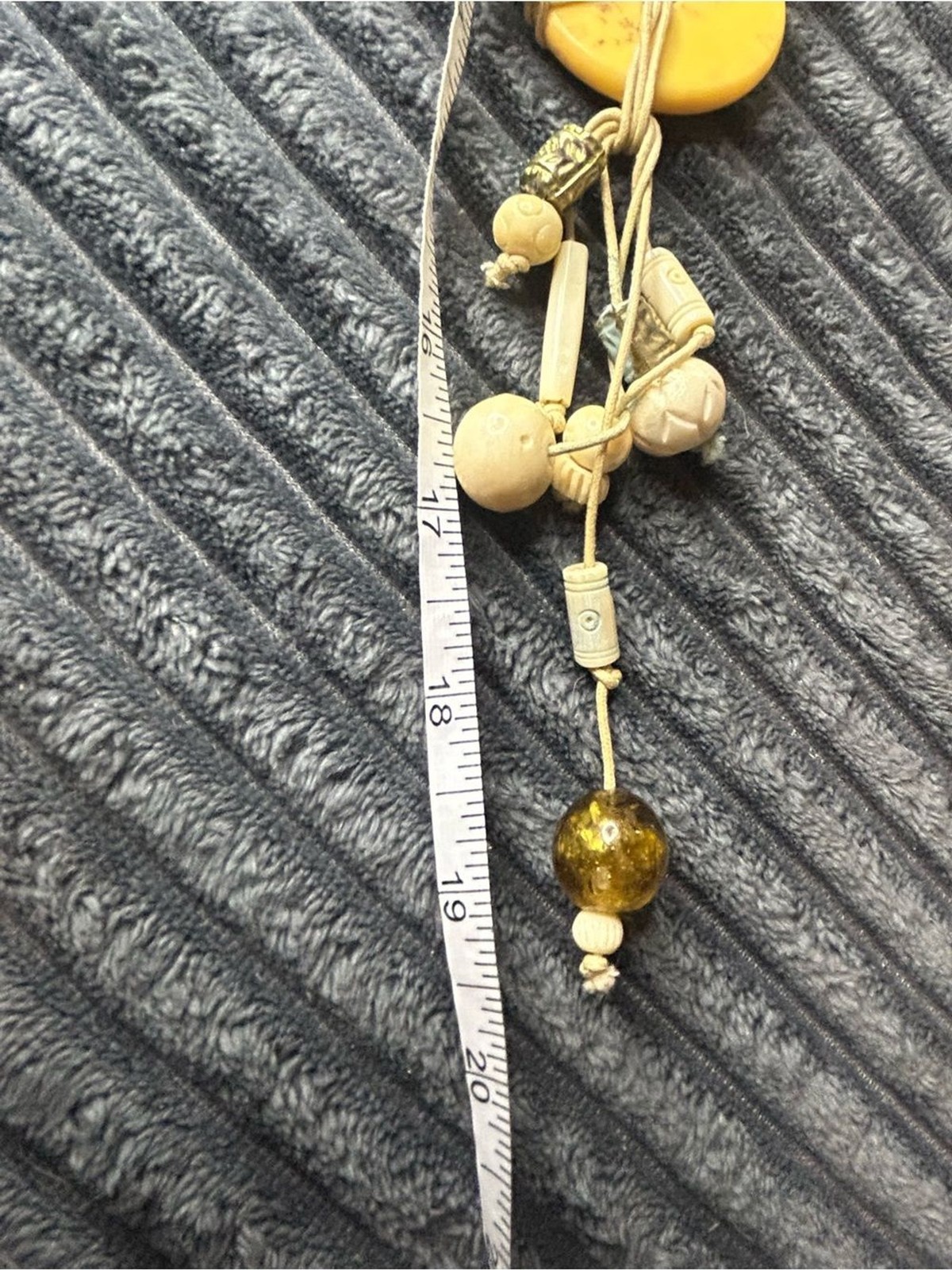 Vintage Earthy Boho Carved Yellow Donut Lariat Fringe Necklace