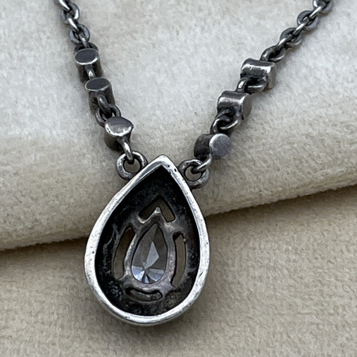 925 Sterling Silver Marcasite Style Glass Pear Pendant Necklace 48cm Vintage
