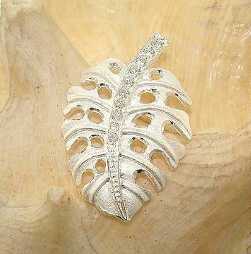22MM SOLID 925 STERLING SILVER MATTED HAWAIIAN MONSTERA PLANT LEAF CZ PENDANT