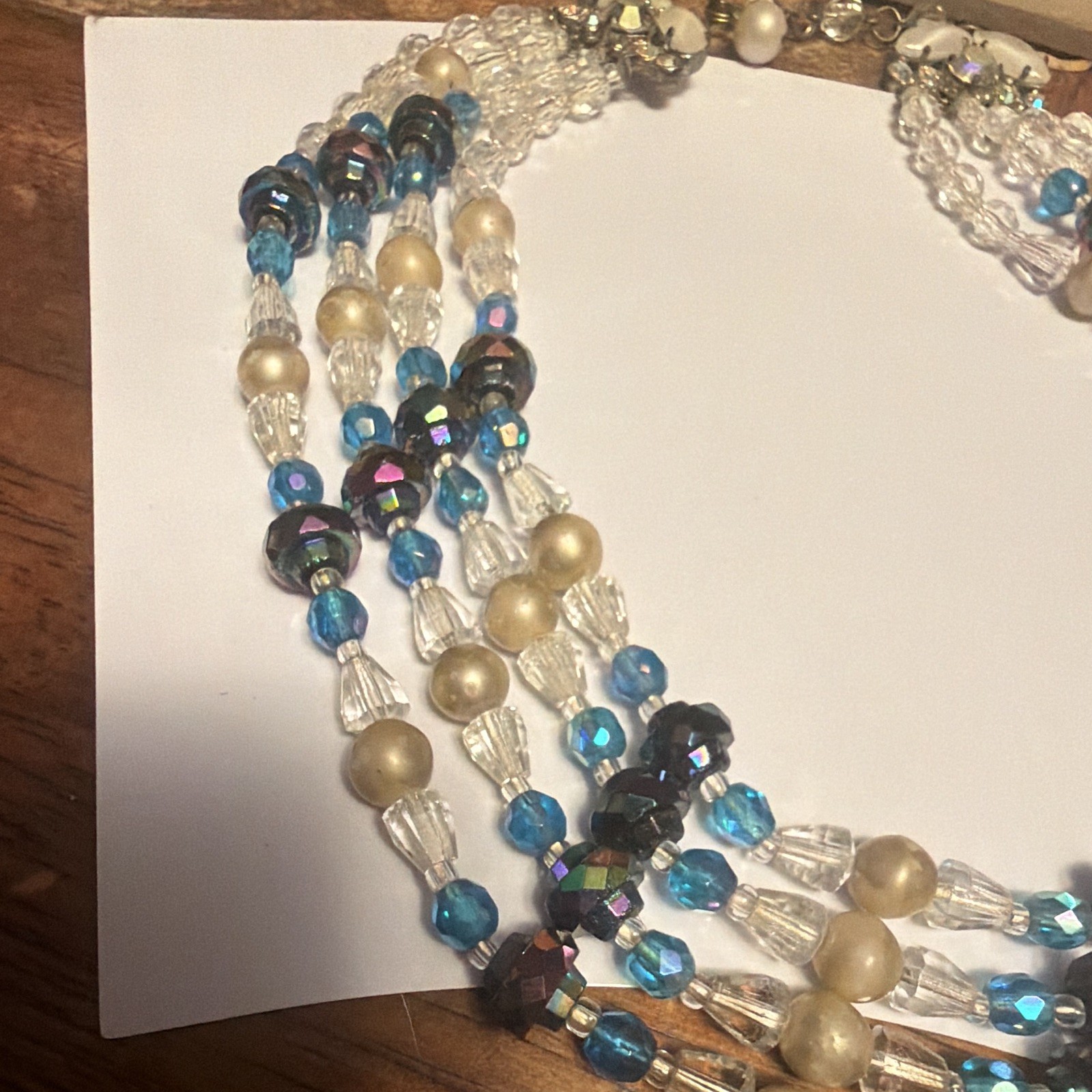 Vintage Multi-Strand Layered Blue Clear Crystal & Cream Imitation Pearl Necklace