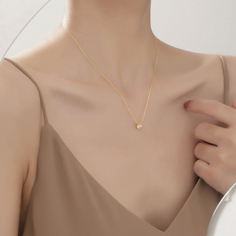 Stainless Steel Solitaire 6mm CZ Pendant Necklace Choker 16+2inch Chain P11