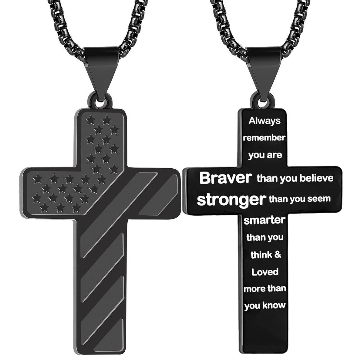 Mens Boys Inspirational Black American Flag Cross Pendant Bible Verse Necklace