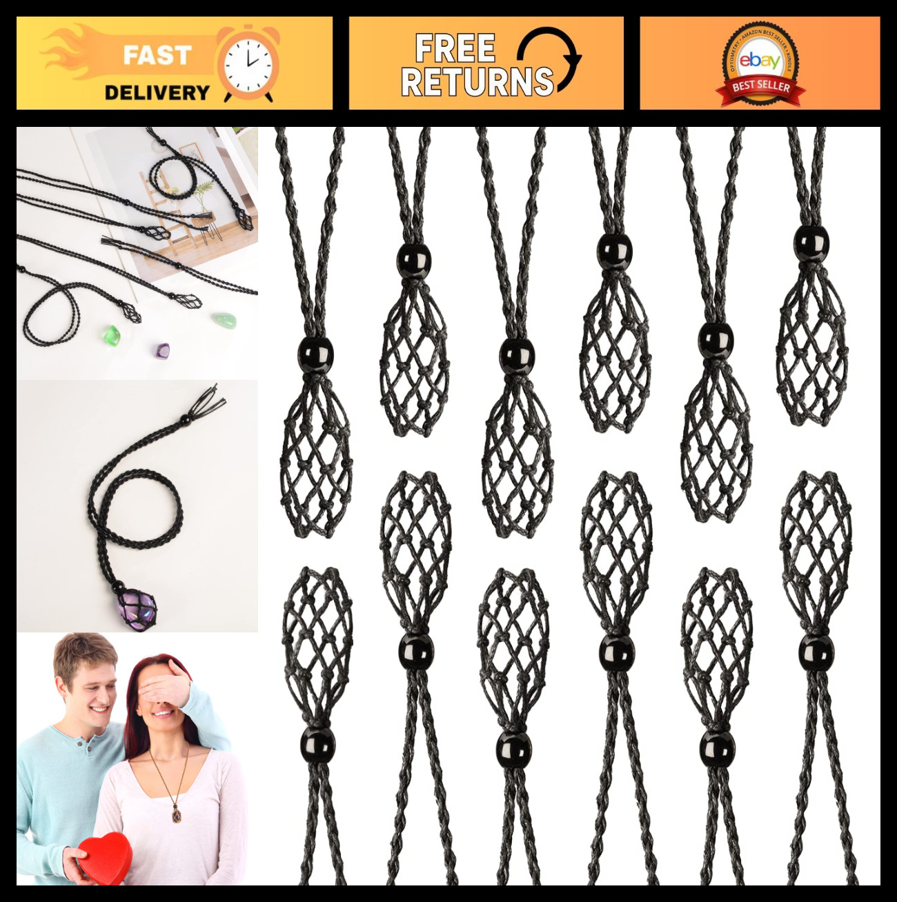 12 PCS Crystal Cage Necklace Holders – Adjustable Hand-Woven Cord for Stones