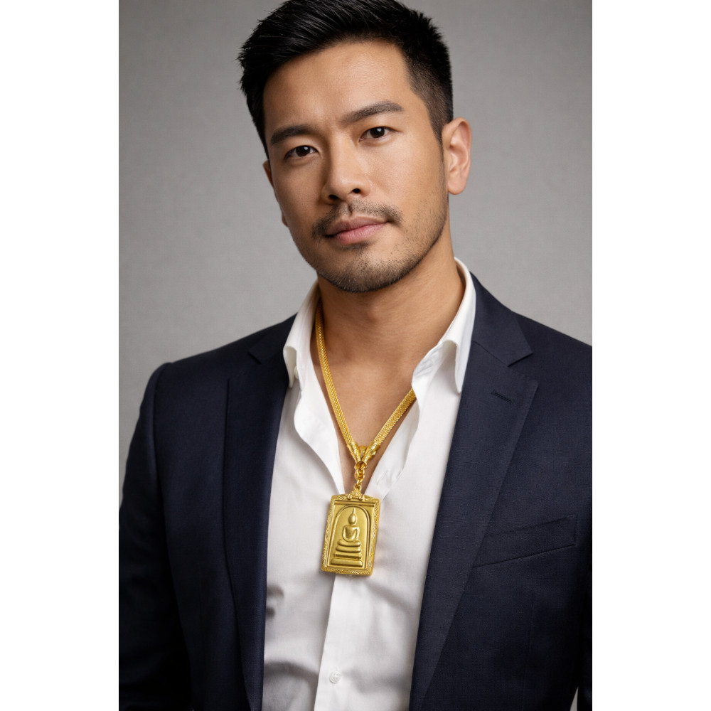 Thai Necklace Gold Plated with Phra Somdej Buddha Amulet 5 Baht 26″ Talisman