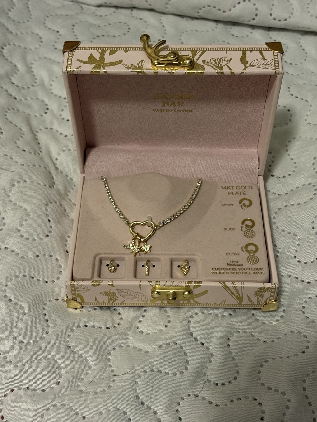 Charm Bar 14KT Gold Plated Crystal Heart Charm Necklace Adjustable 18+2 in