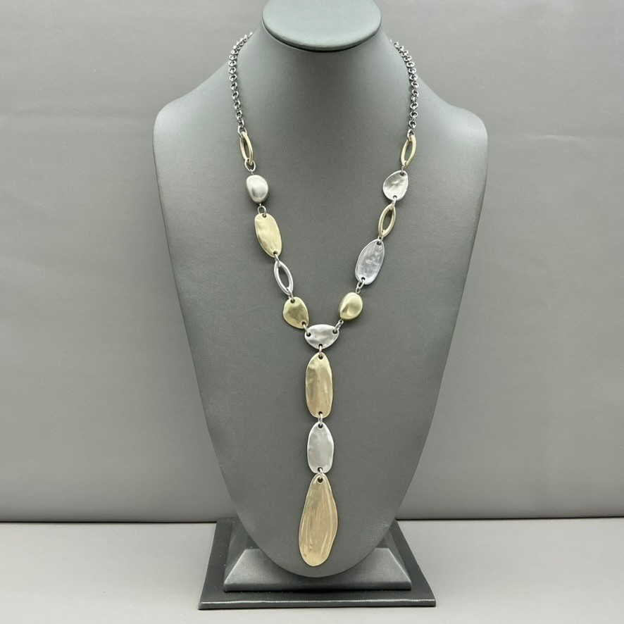 Chico’s Necklace Womens Gold Tone Silver Tone Mixed Metal Y-Drop Hammered 24″