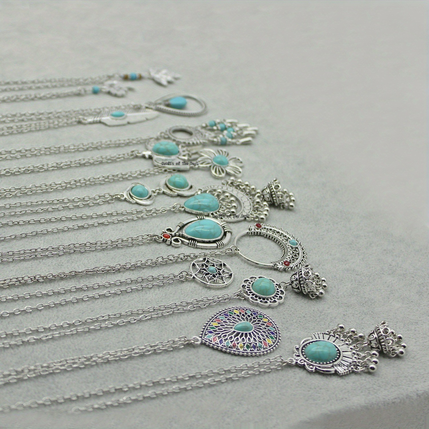 15Pcs Bohemian Vintage Fashion Jewelry Set Ethnic Turquoise Pendant Necklaces