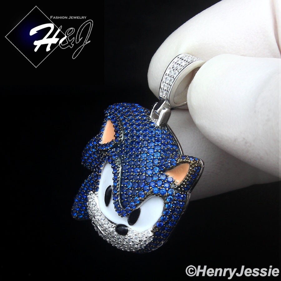 925 STERLING SILVER FULL ICY BLUE CZ HIPHOP 3D SONIC THE HEDGEHOG PENDANT*SBP489