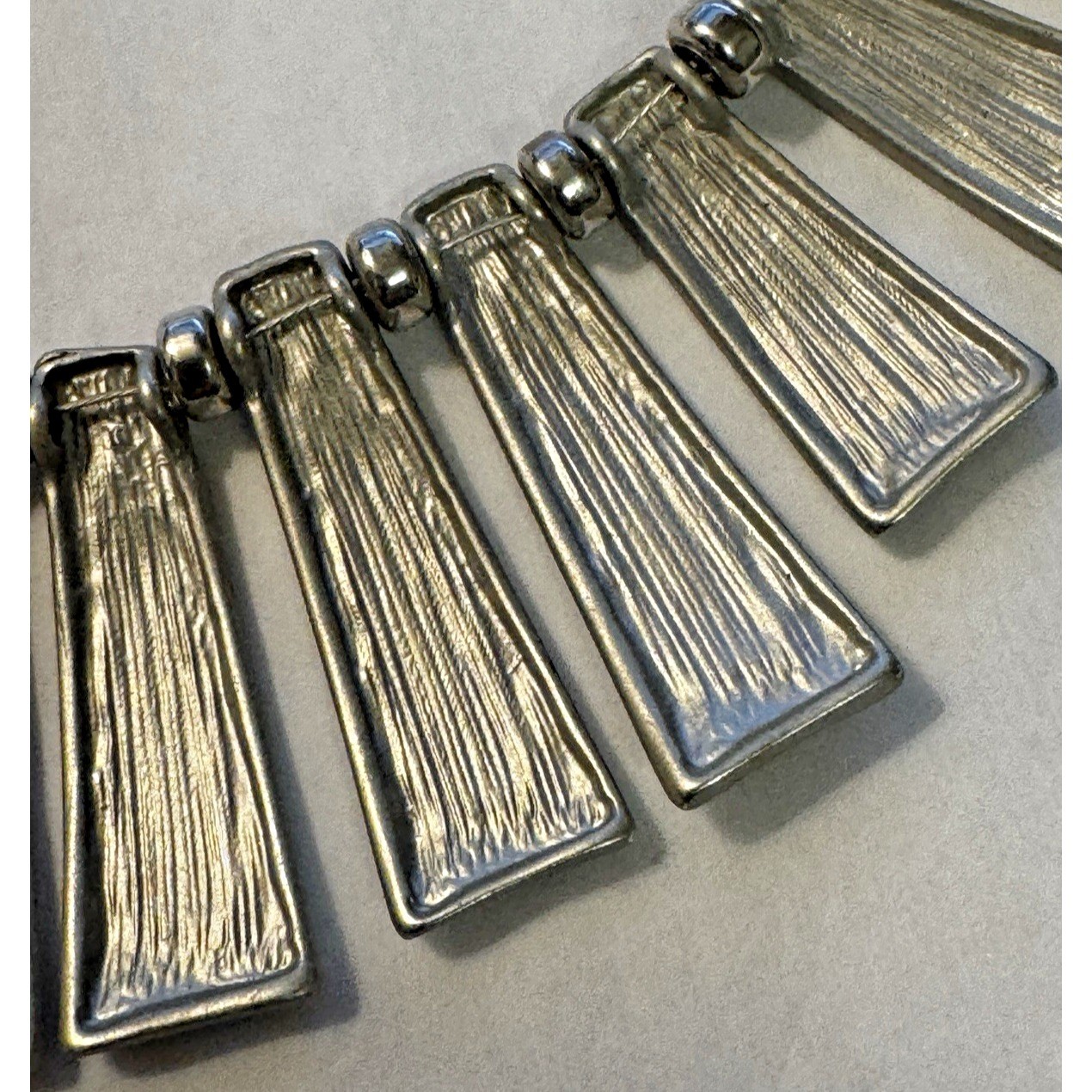 NY Silver Tone Brushed Metal Geometric Fringe Bib Statement Necklace Chain