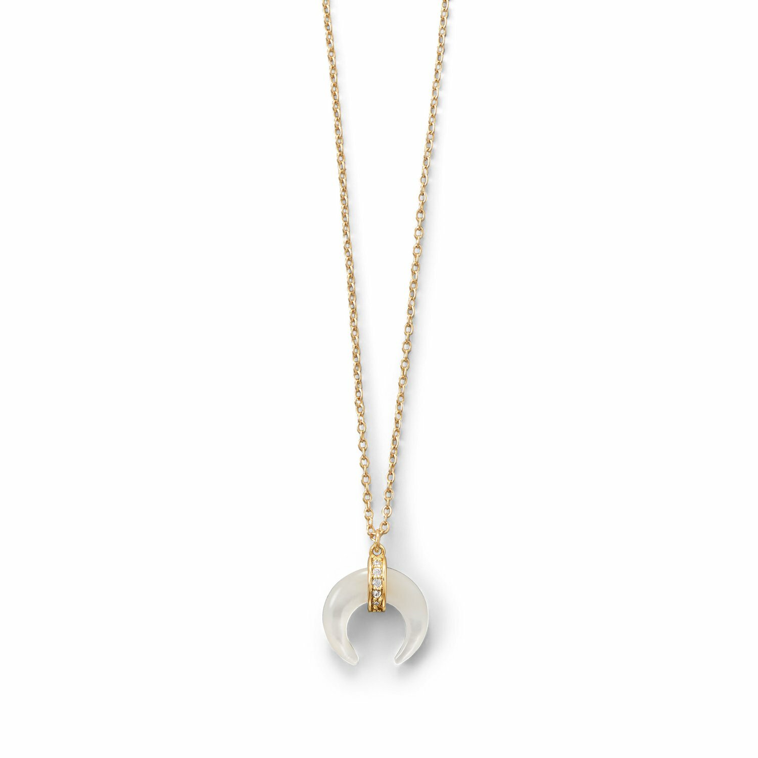 15″+2″ Mother of Pearl and CZ Crescent Gold-Plated Necklace 925 Sterling Silver