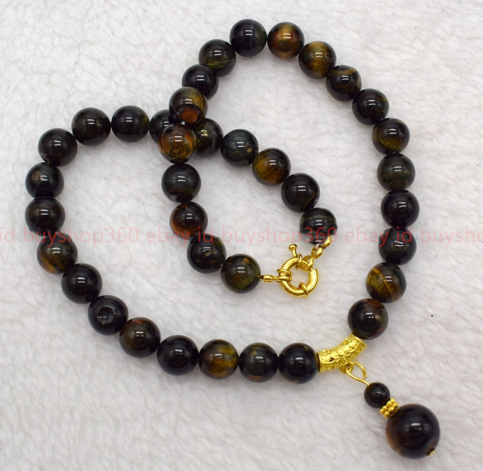 Natural 8/10mm Yellow Blue Tiger’s Eye Gems Round Beads Pendant Necklace 16-24in