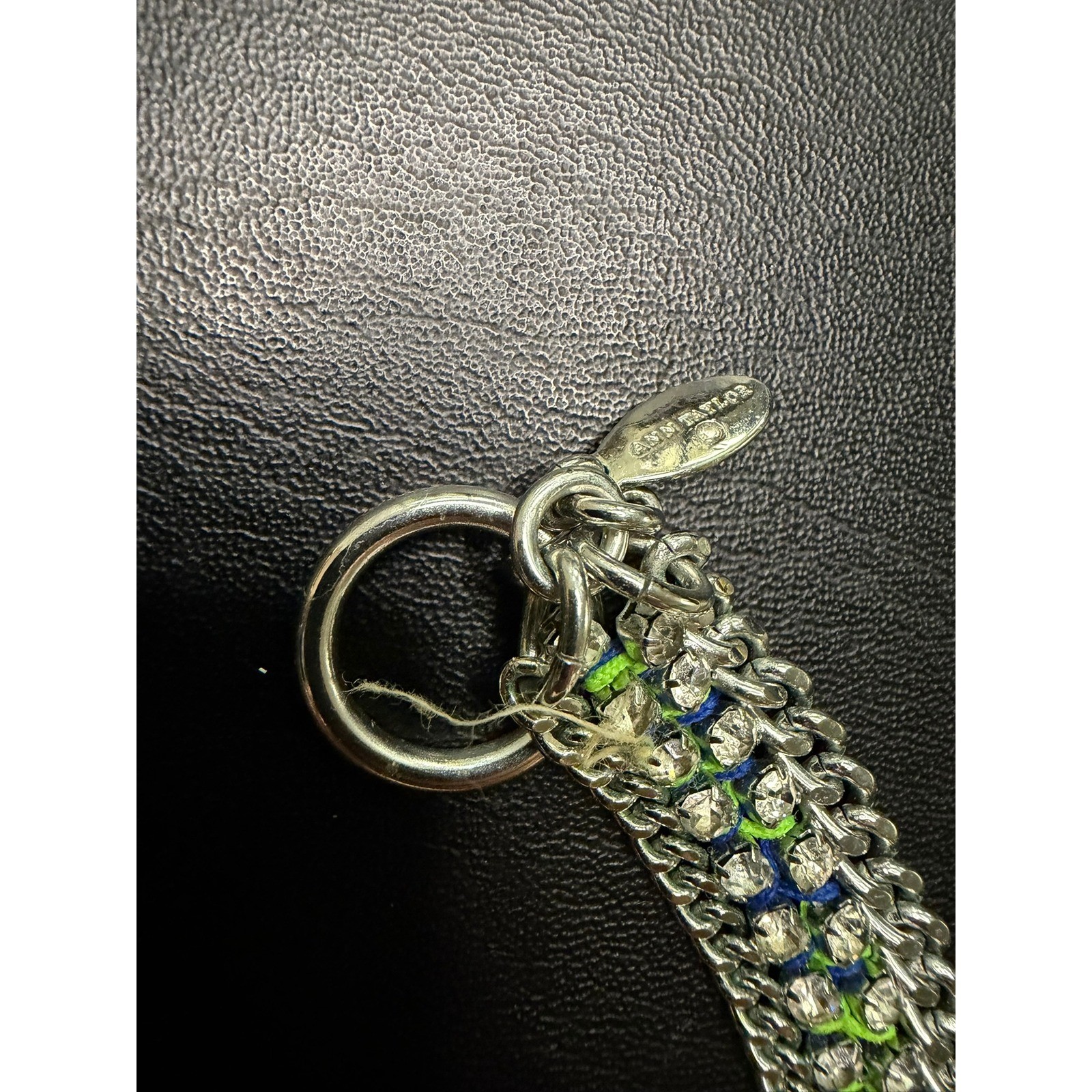 Ann Taylor Silver Tone Crystal Statement Bib Necklace Green Woven Cord Toggle