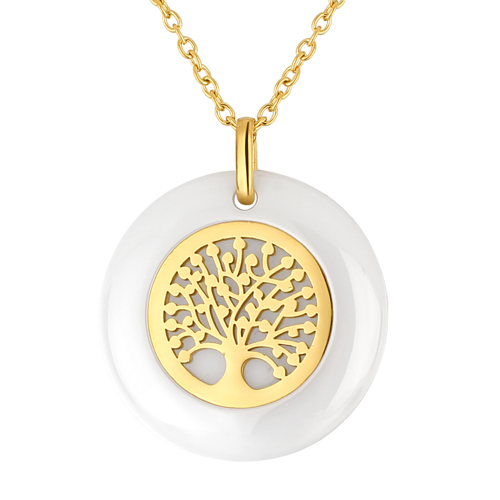 Womens Dainty Stainless Steel Ceramic Round Family Tree of Life Pendant Necklace