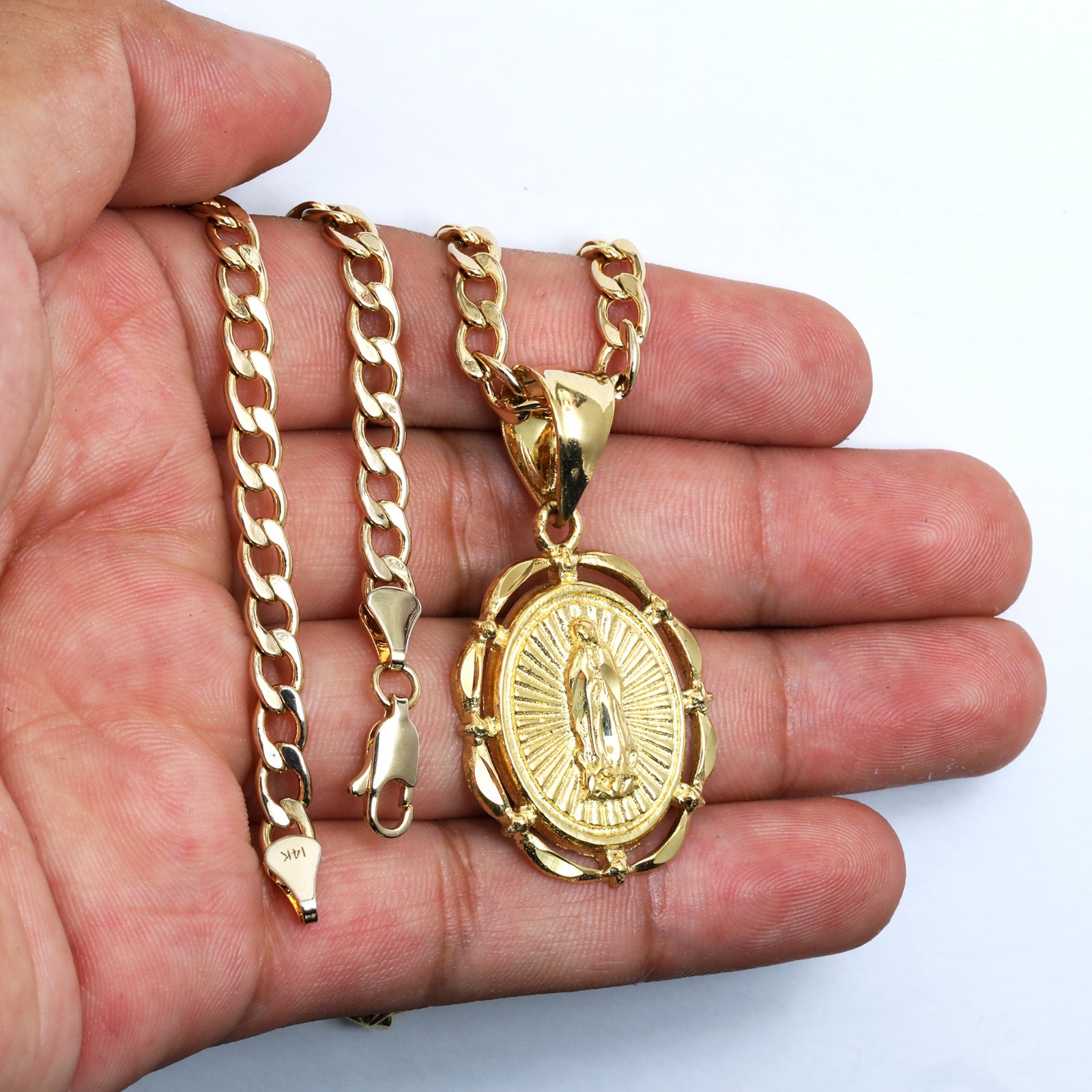 Oval Virgin Mary Charm Pendant 14k Gold Plated Brass 5mm 20″ Cuban Choker Chain