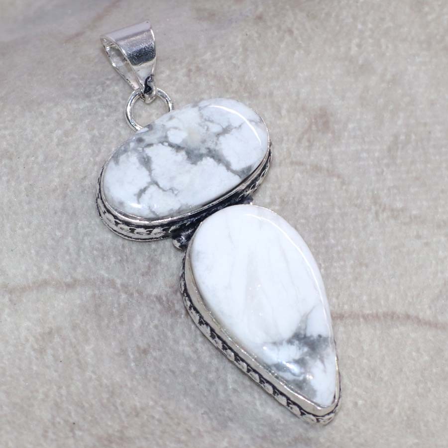 Long Howlite 925 Silver Plated Pendant 2.1″ Daily Wear Gift New Year Vibes JW