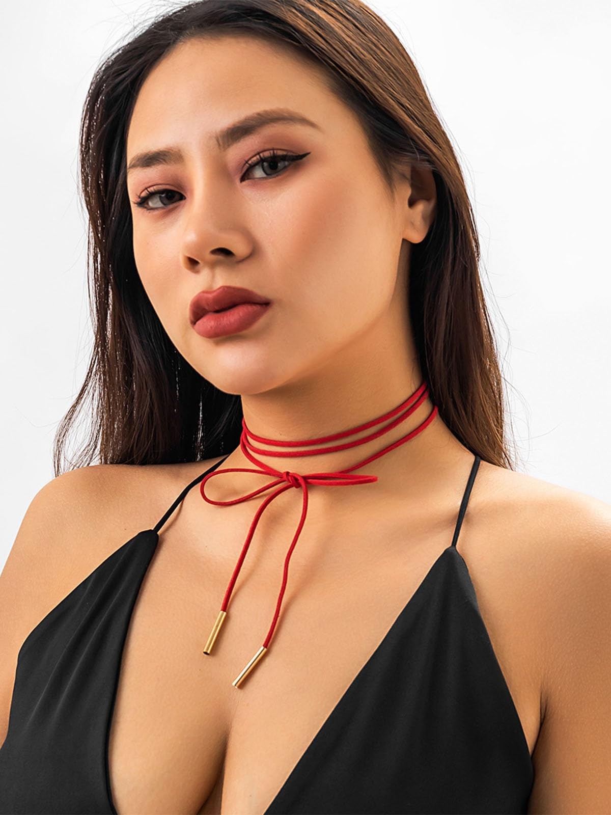Bow Chocker Necklace for Women with Adjustable Layered Velvet Lace Large, Red