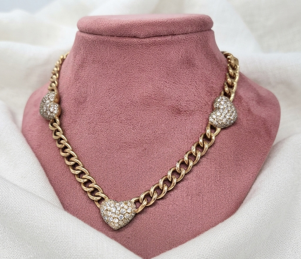 Gold Tone Heart Chain Necklace with CZ Pave Heart Charm Women’s Statement Jewel