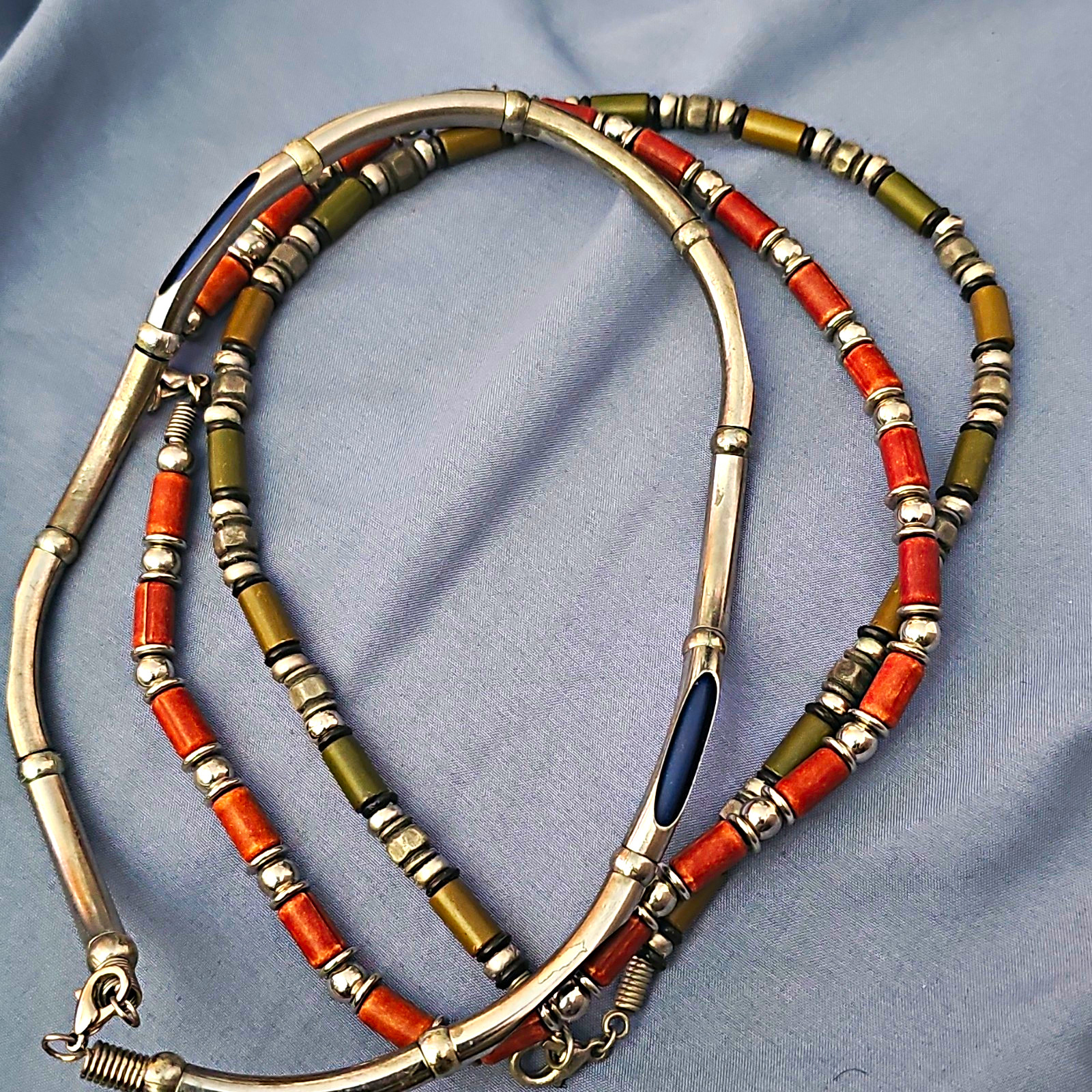 Multicolor Beaded Necklace w/ Metal Spacer Tube Beads, Ball/Bead Chain, Hook