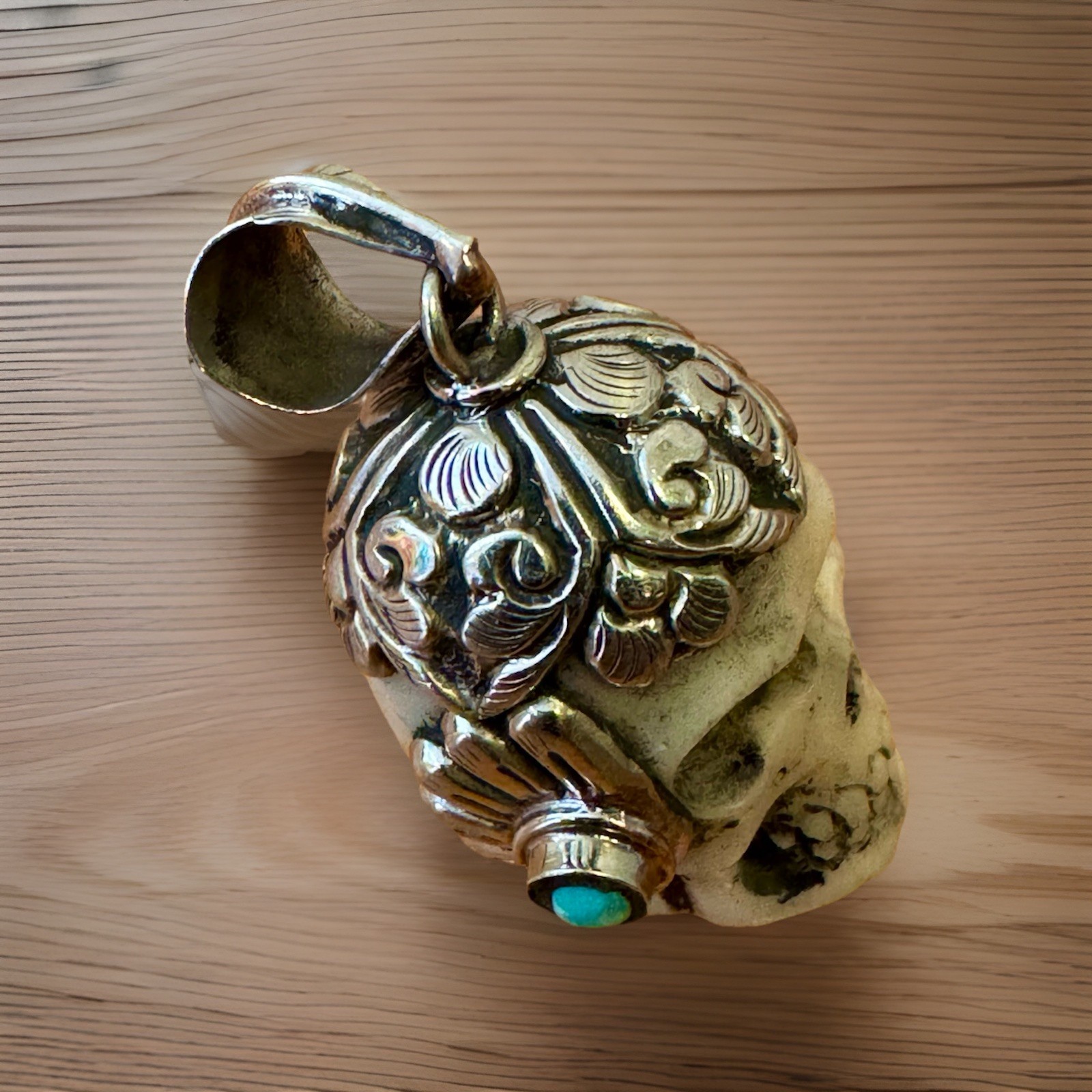 Handcrafted Bone Skull Pendant,Set in Tibetan Silver & Turquoise.2”inch & 27gram