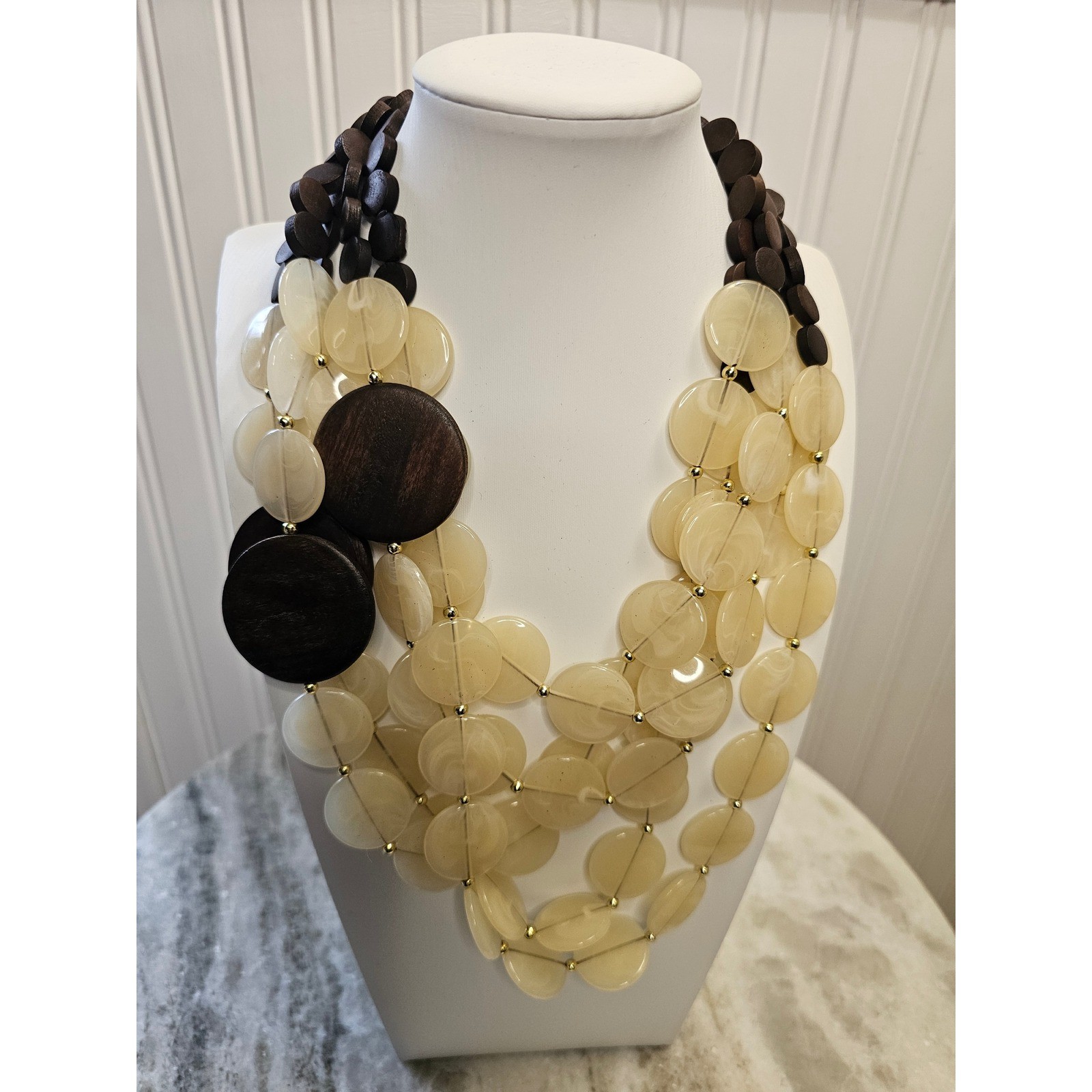Layered Beaded Statement Bib Necklace Womens OS Cream Brown Wood Resin Boho