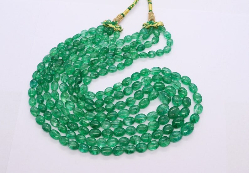 4 Layer Green Emerald Smooth Oval Shape Gemstone Beads Handmade Necklaces 18”
