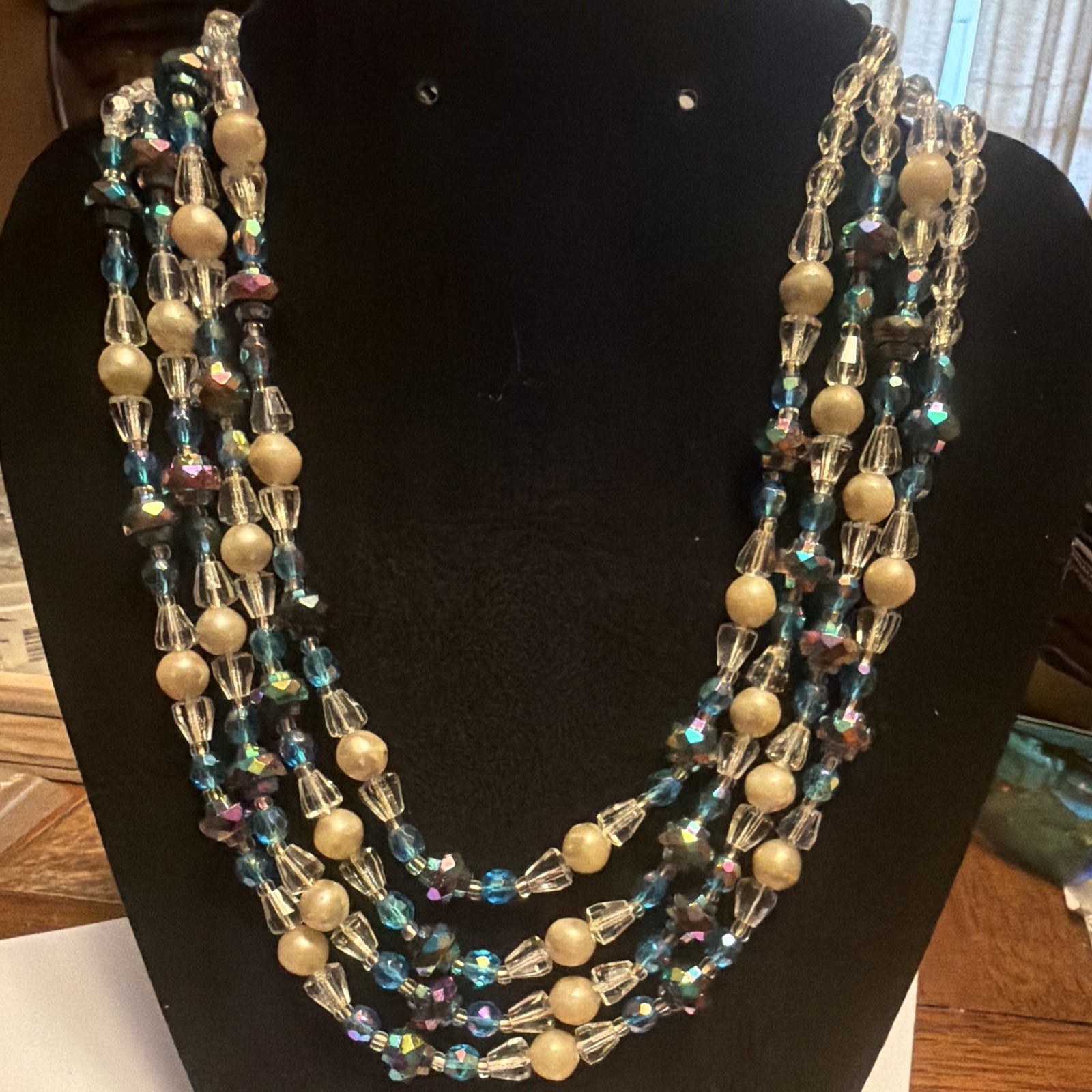 Vintage Multi-Strand Layered Blue Clear Crystal & Cream Imitation Pearl Necklace