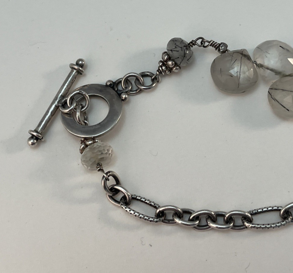 Silver Tone Black/Clear Rutilated Quartz Station Chain Necklace 46″