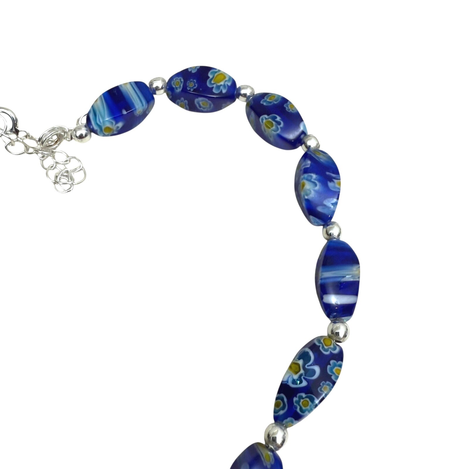 925 Silver Blue Floral Millefiori Glass Beaded Collar Necklace Accent 7.5 in L
