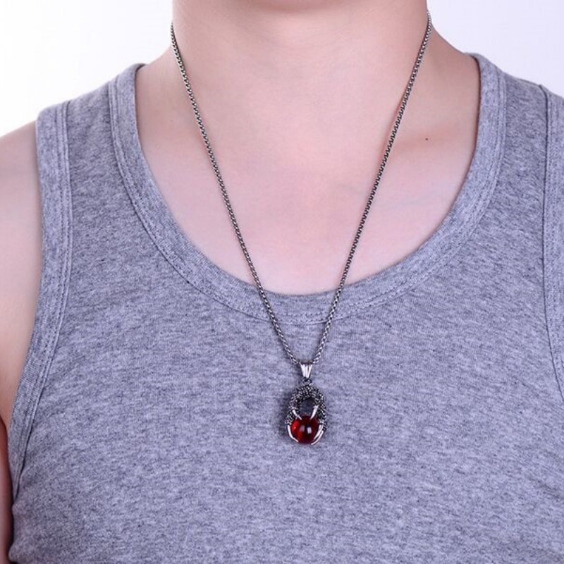 Punk Men’s Retro Dragon Claw Red Glass Bead Fashion Sweater Pendant Necklace