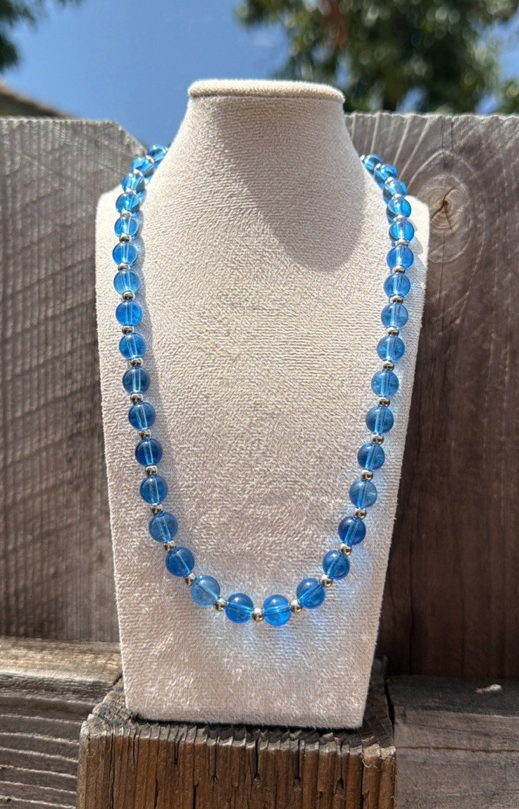 Blue Round Glass Beaded Necklace Adjustable Silver Tone Lobster Cable Chain