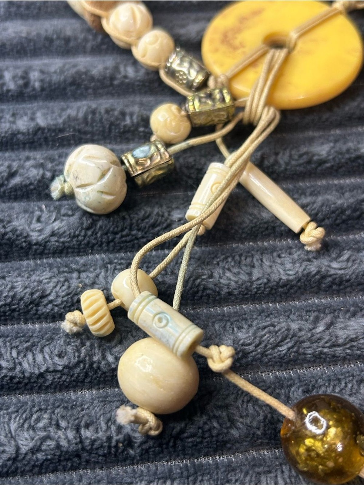 Vintage Earthy Boho Carved Yellow Donut Lariat Fringe Necklace