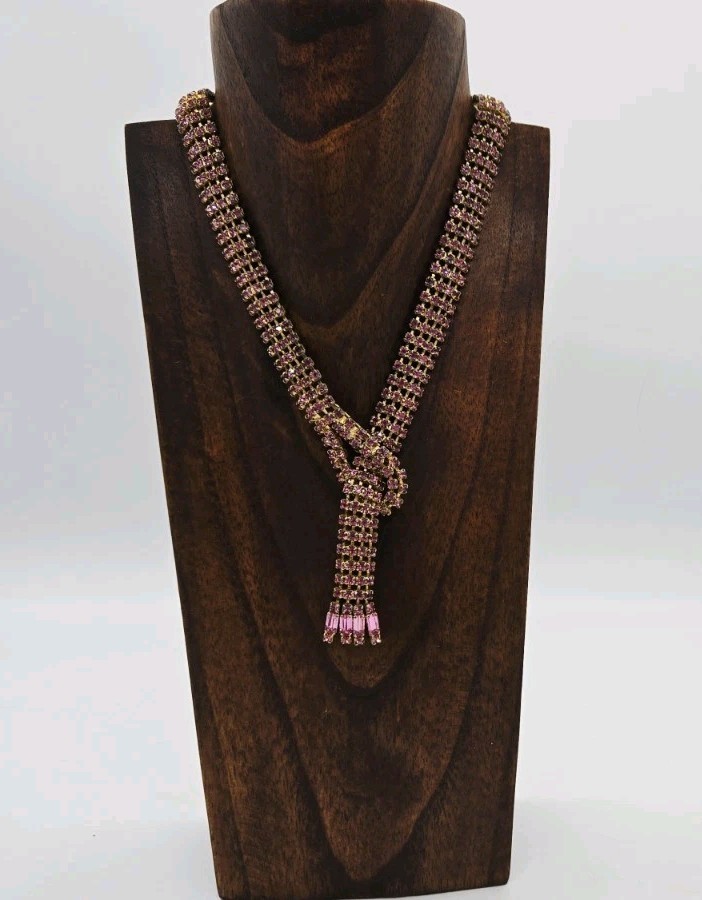 Pink Crystal Knot Lariat Necklace Y drop Gold tone Art Deco Vintage Rare