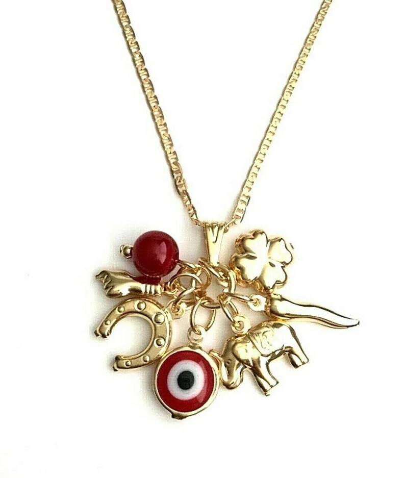 18K GOLD FILLED HORSESHOE,EYE,ELEPHANT,HORN,CLOVER,FIGA,MONEY NECKLACE 18” -NC#5