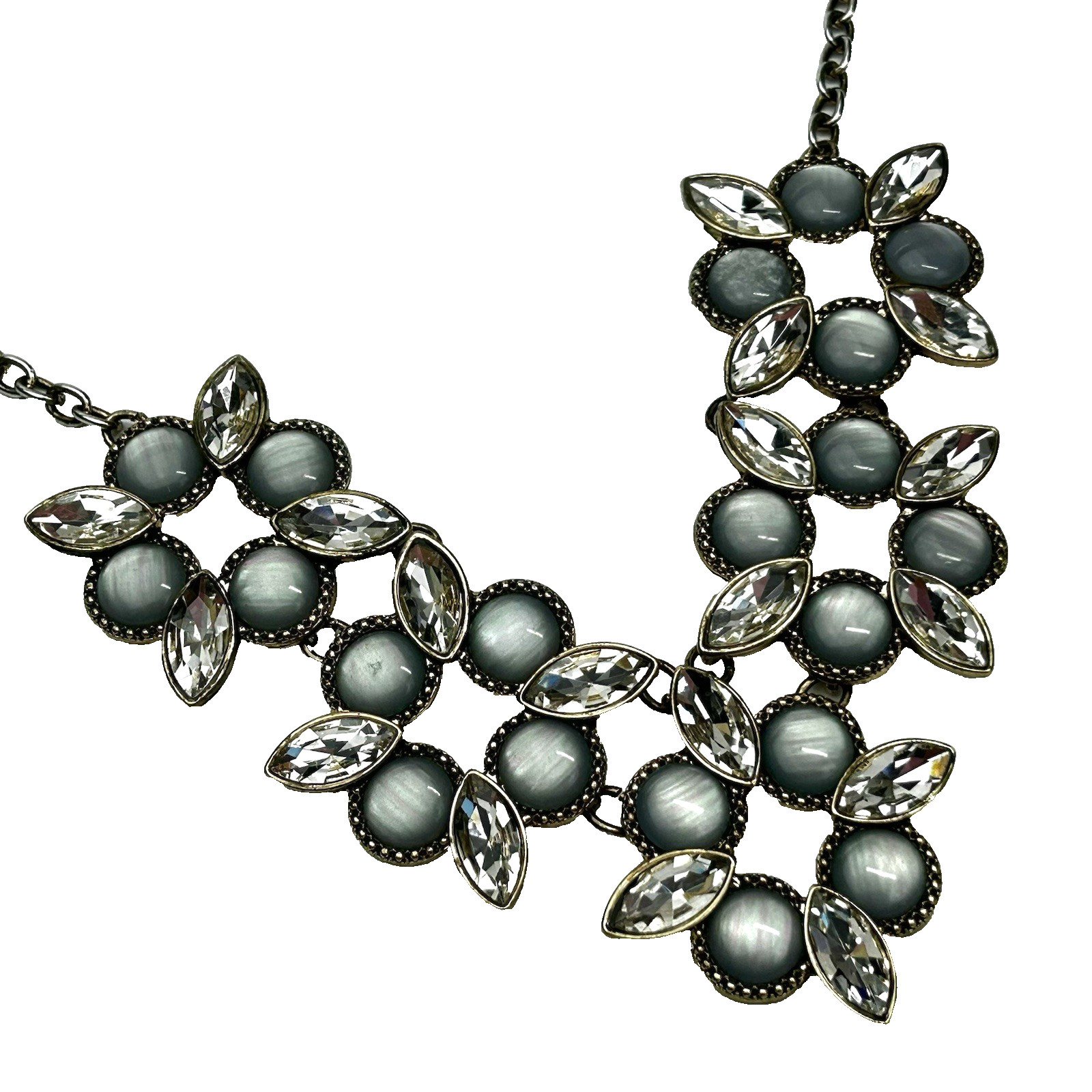 Gray Acrylic Rhinestone Necklace Crystal Flower Chunky Statement Bib Costume