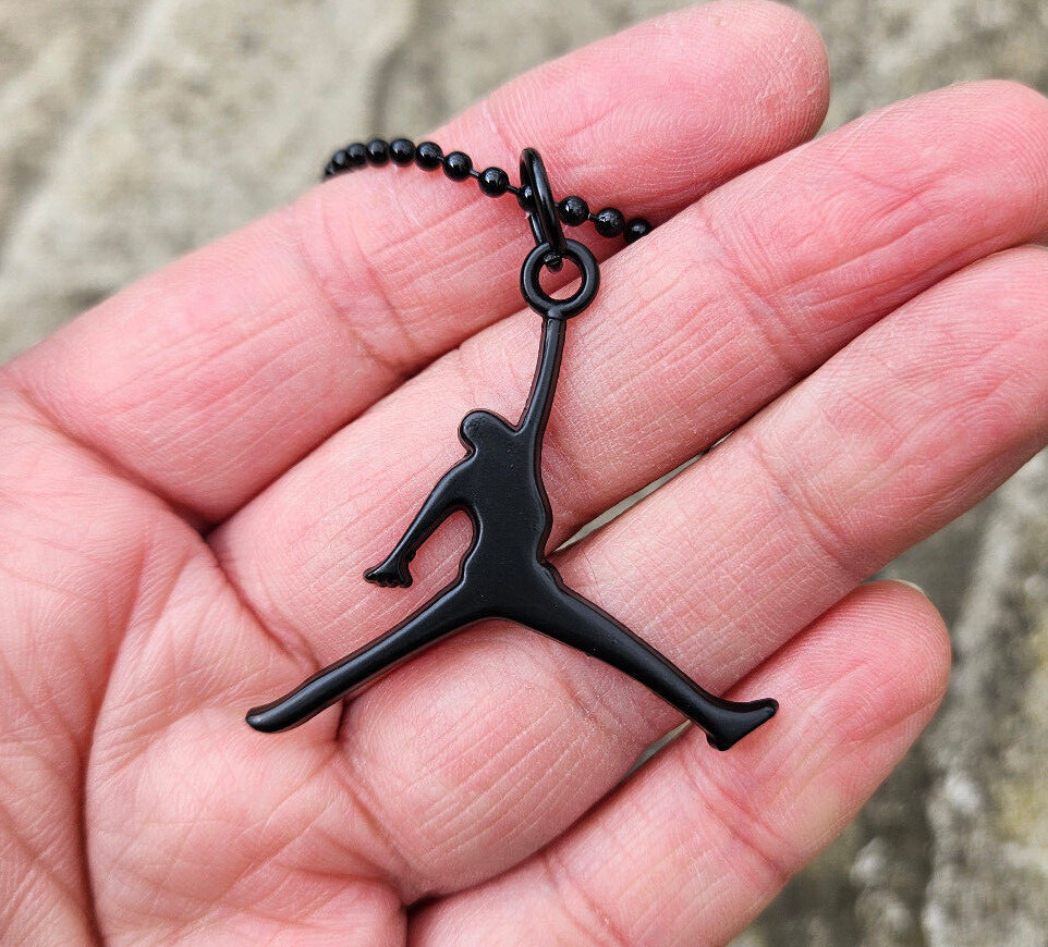BLACK METAL JORDAN JUMPING MAN SYMBOL NECKLACE PENDANT 11″ CHAIN UK SELLER