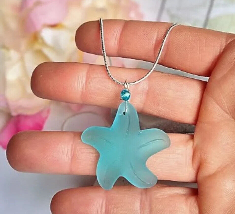 Sea Glass Starfish Pendant, Silver Snake Chain Necklace, 18 Inch, Blue