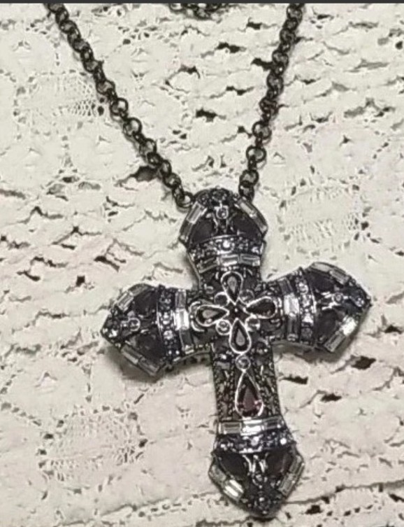 Large Cross Necklace, Black & Purple Medallion Pendent On A 48″station Chain