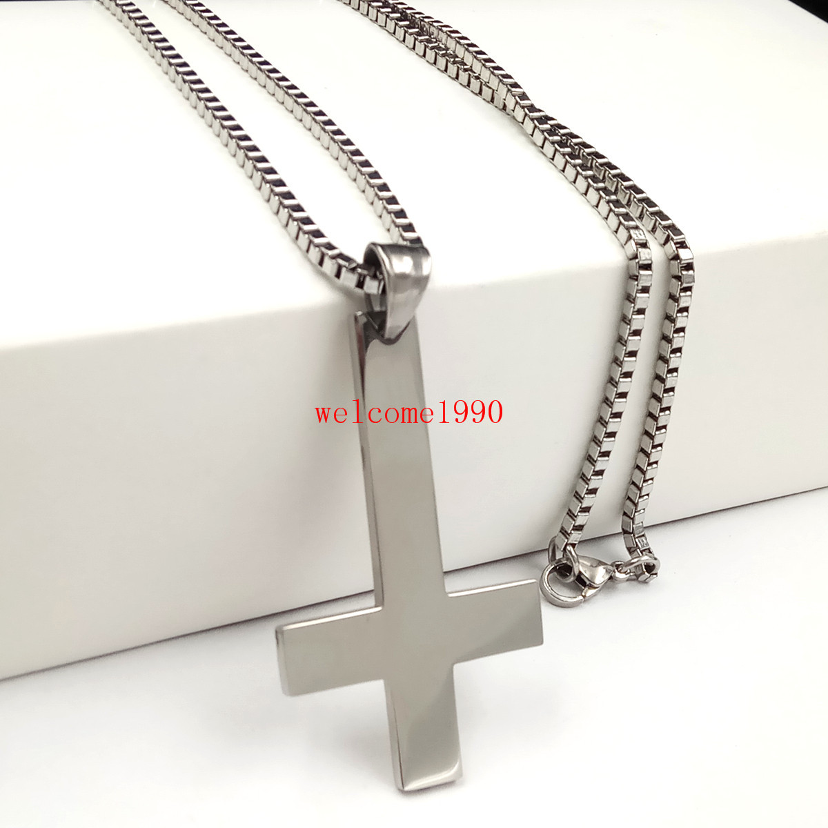 Silver Stainless Steel Cross of St. Peter Upside Down Cross Pendant Necklace