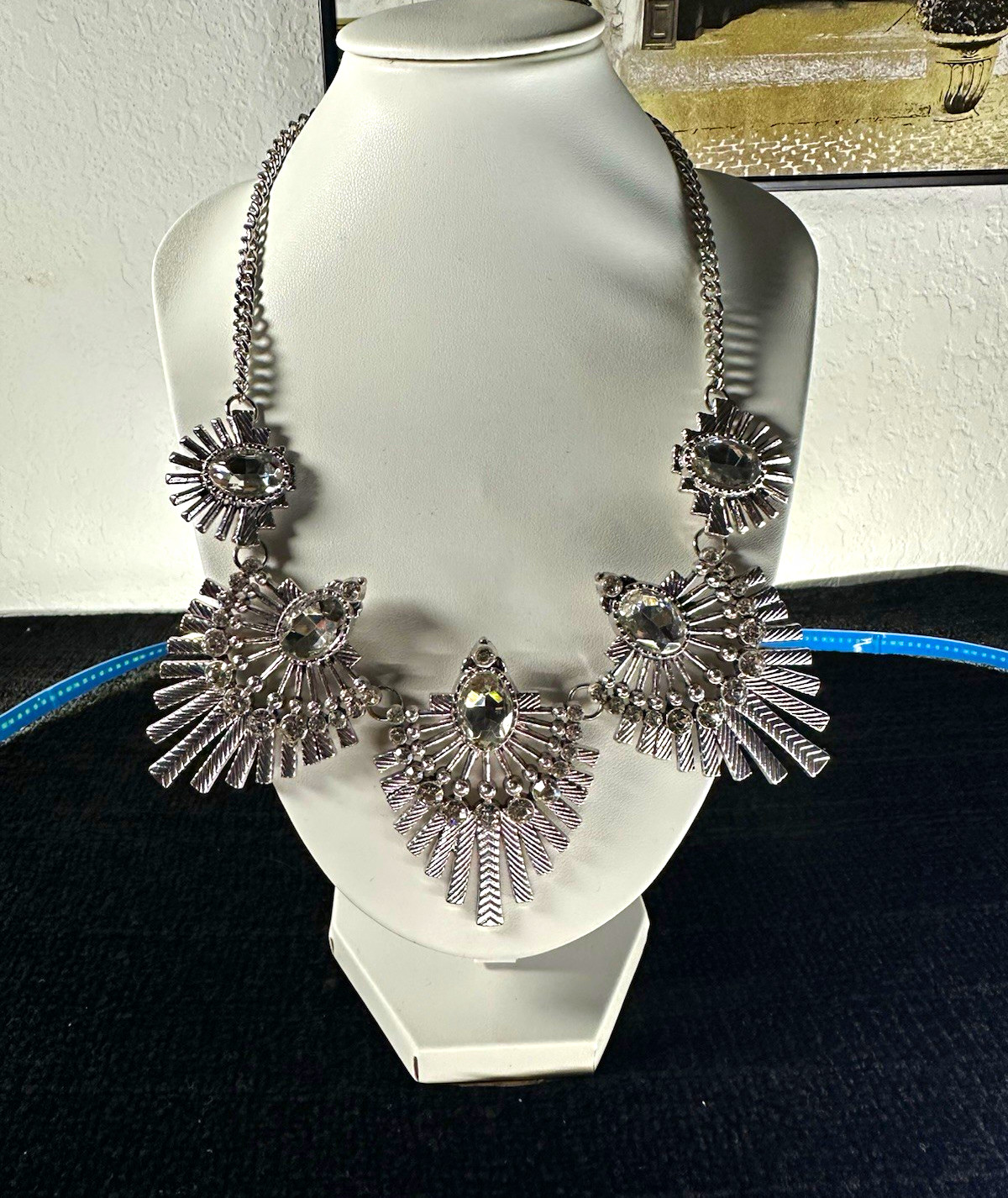 Vintage Silver Tone Art Deco Rhinestone Bib Statement Necklace.