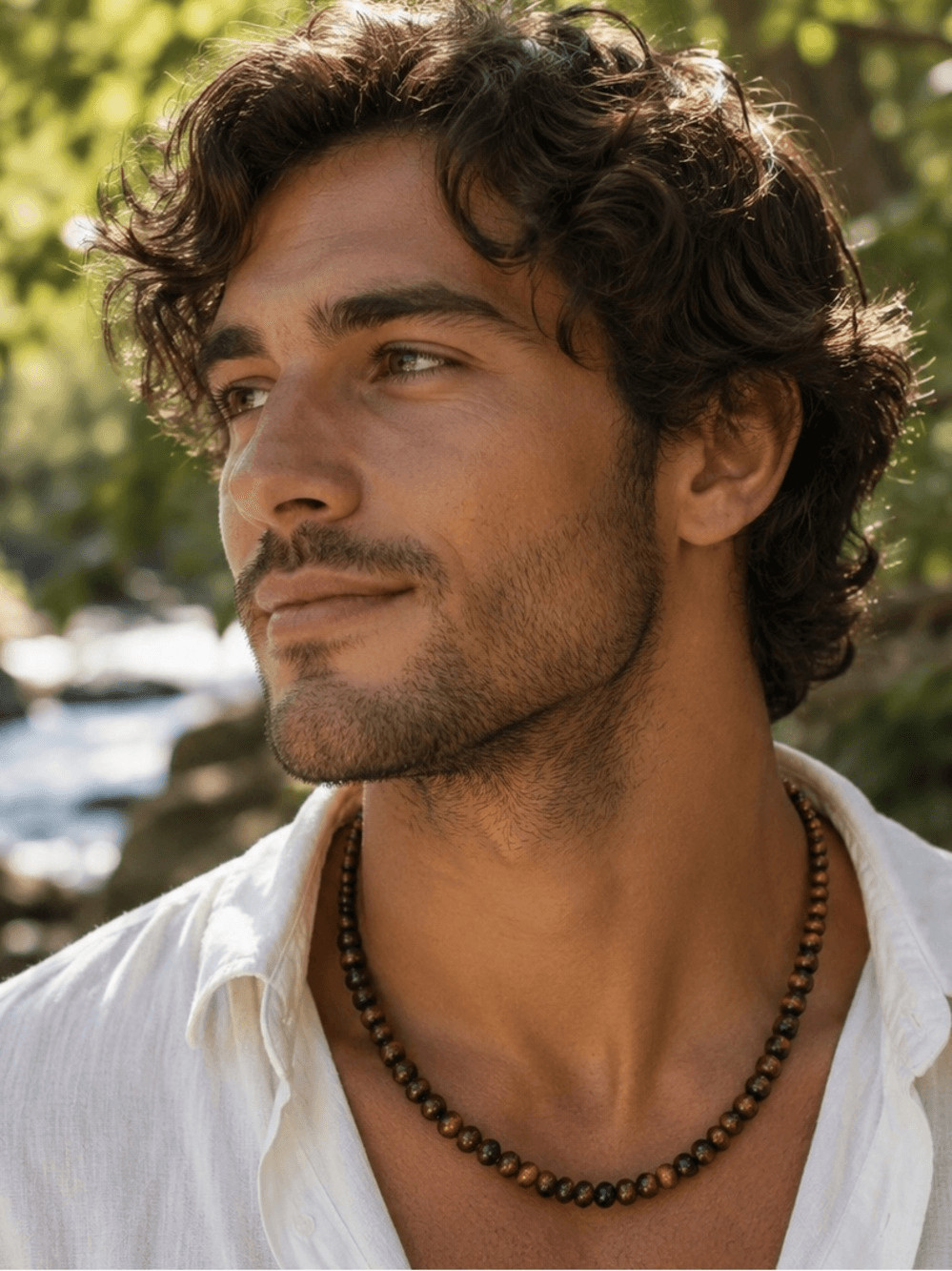 Gold-Tone Tiger’s Eye Unisex Beaded Necklace – Brown natural stone by Mayamar