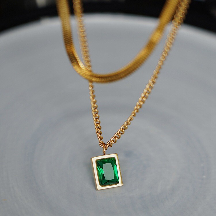 Woman 18K Gold Plated Stainless Steel 2 Layers Simulated Emerald Snake Chain