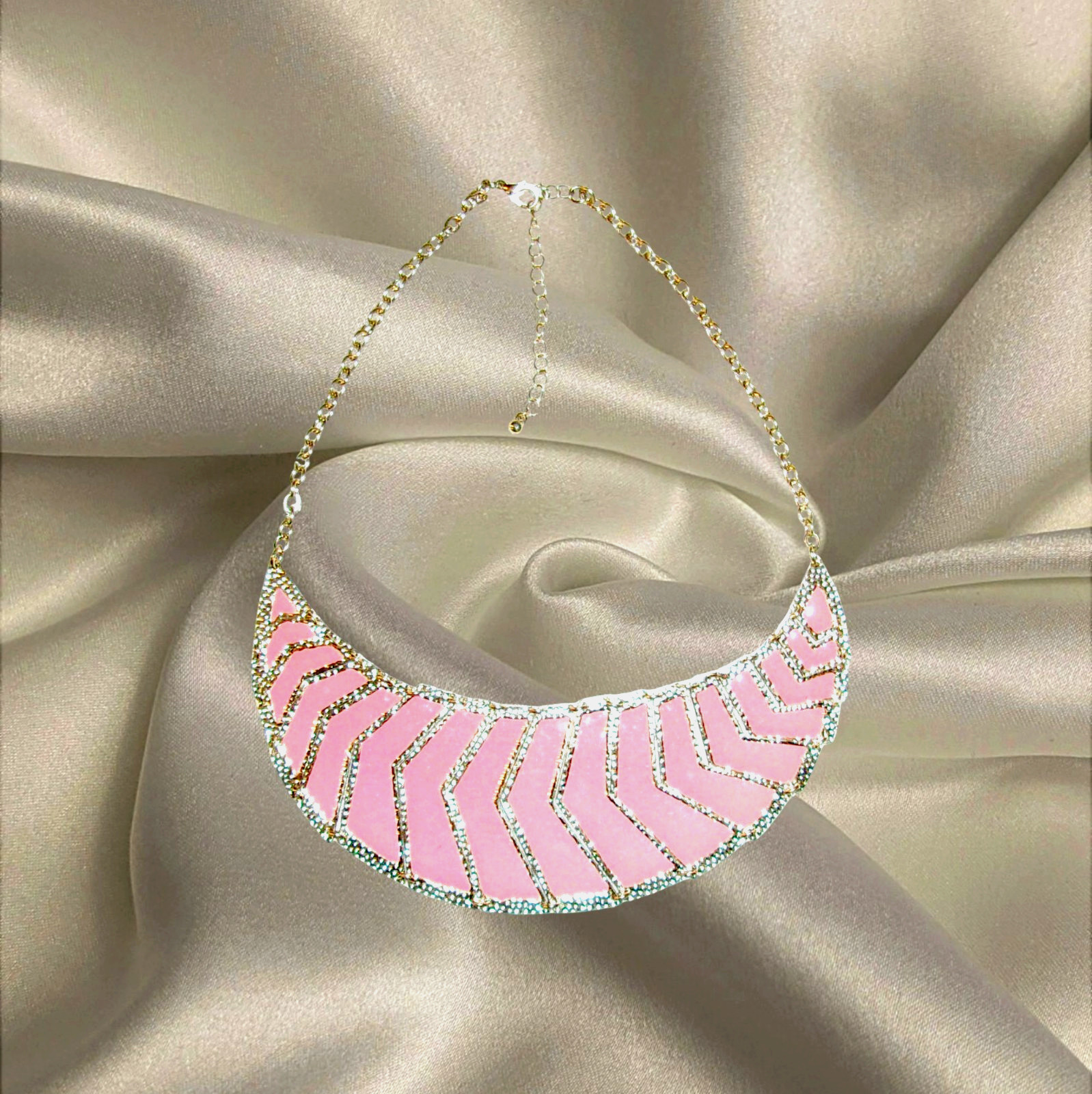 Womens Gold Chain Coral Pink Enamel Chevron Pendant Necklace Boho Accessory