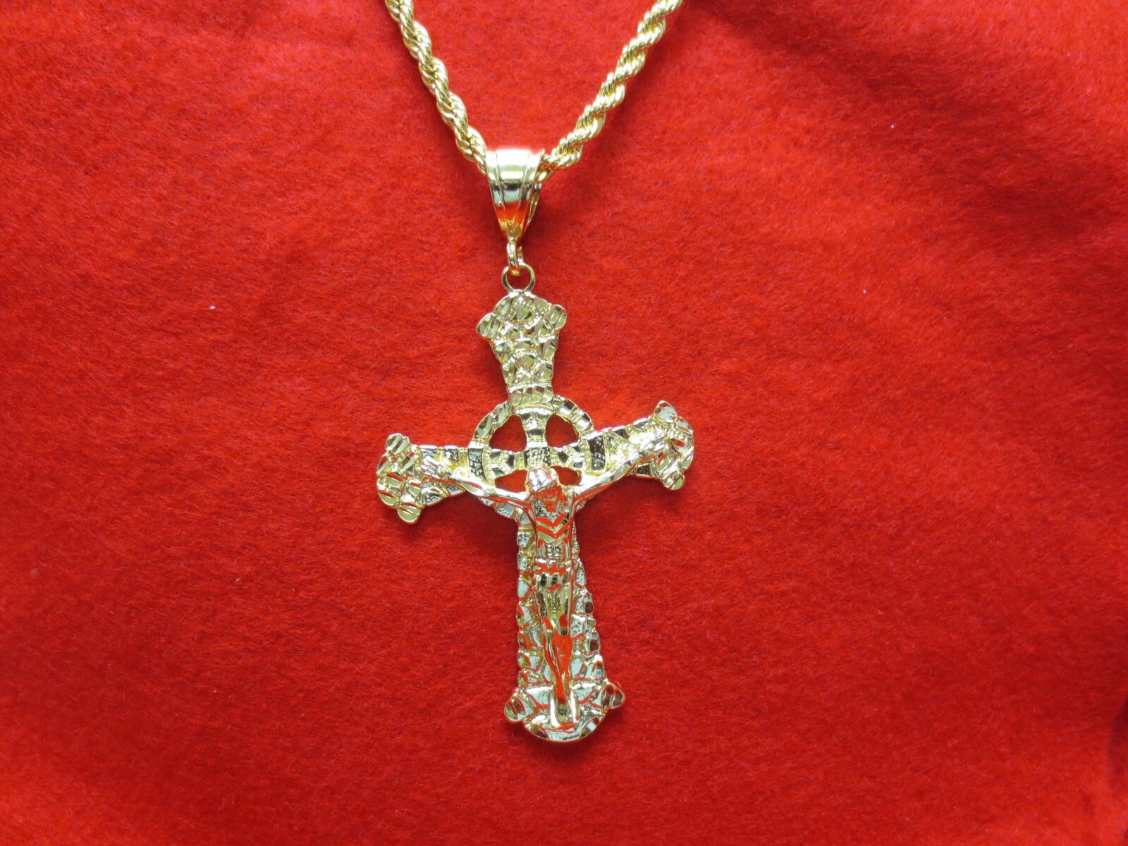 14KT GOLD EP HUGE CRUCIFIX CROSS 4+ INCHES CHARM W/24″ 5MM ROPE CHAIN-9252