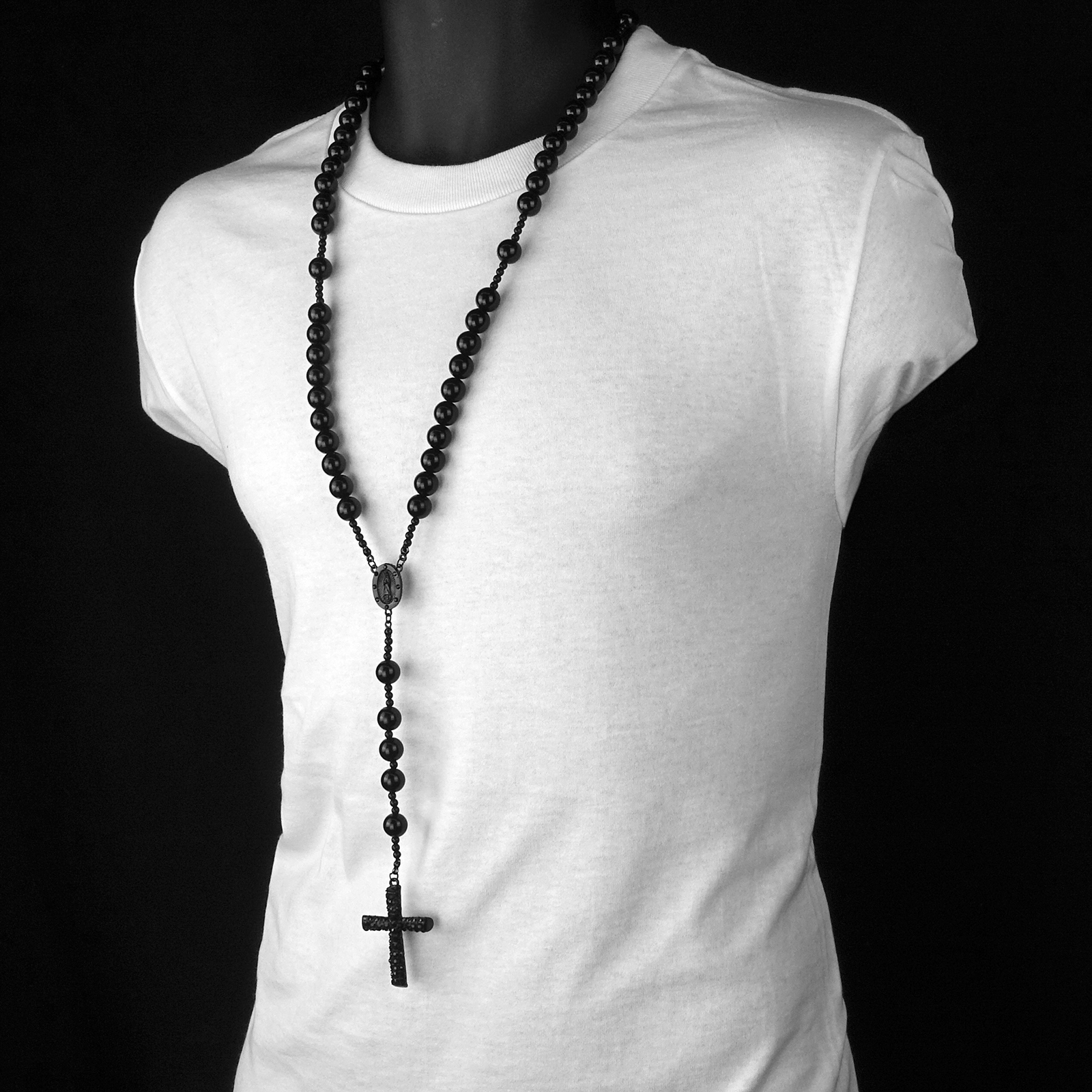 Men’s Hip Hop 15mm MATTE BLACK Beads Guadalupe Rosary & Jesus Cross Necklace BK