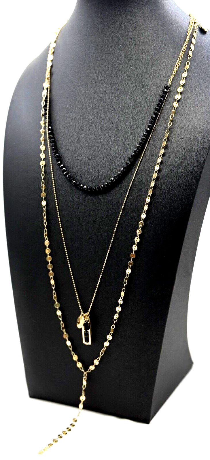 Versona Triple Layer Necklace Black Glass Faceted Beads & Gold tone, 17″ long
