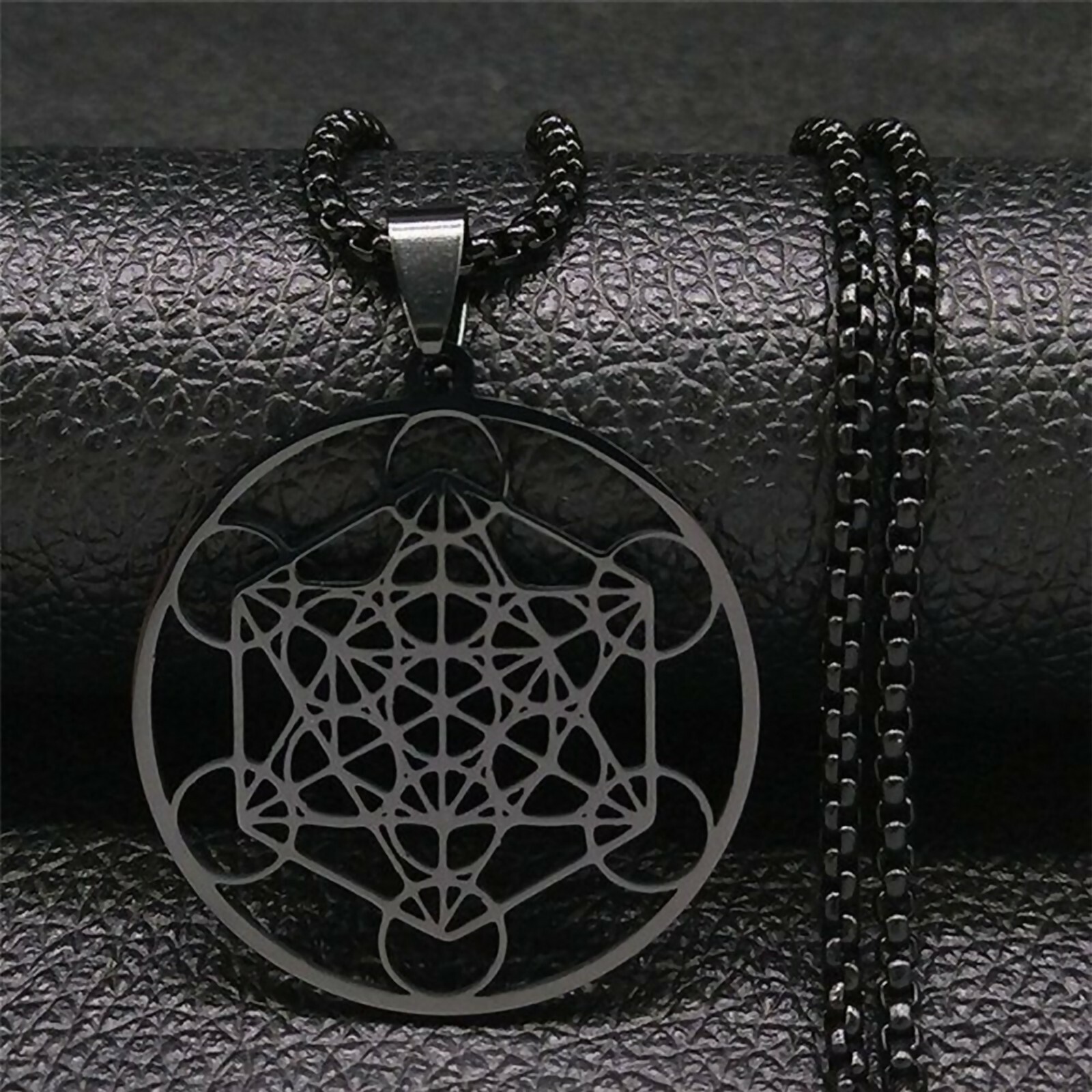 Metatrons Cube Necklace Black Stainless Steel Sacred Geometry Amulet Pendant