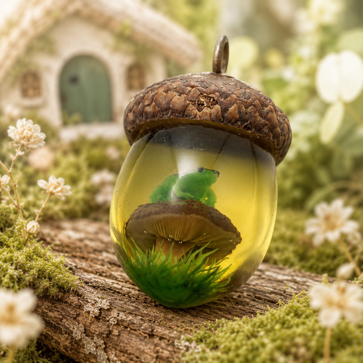 Woodland Terrarium Acorn Pendant Green Frog Mushroom Clear Resin Lucite Charm